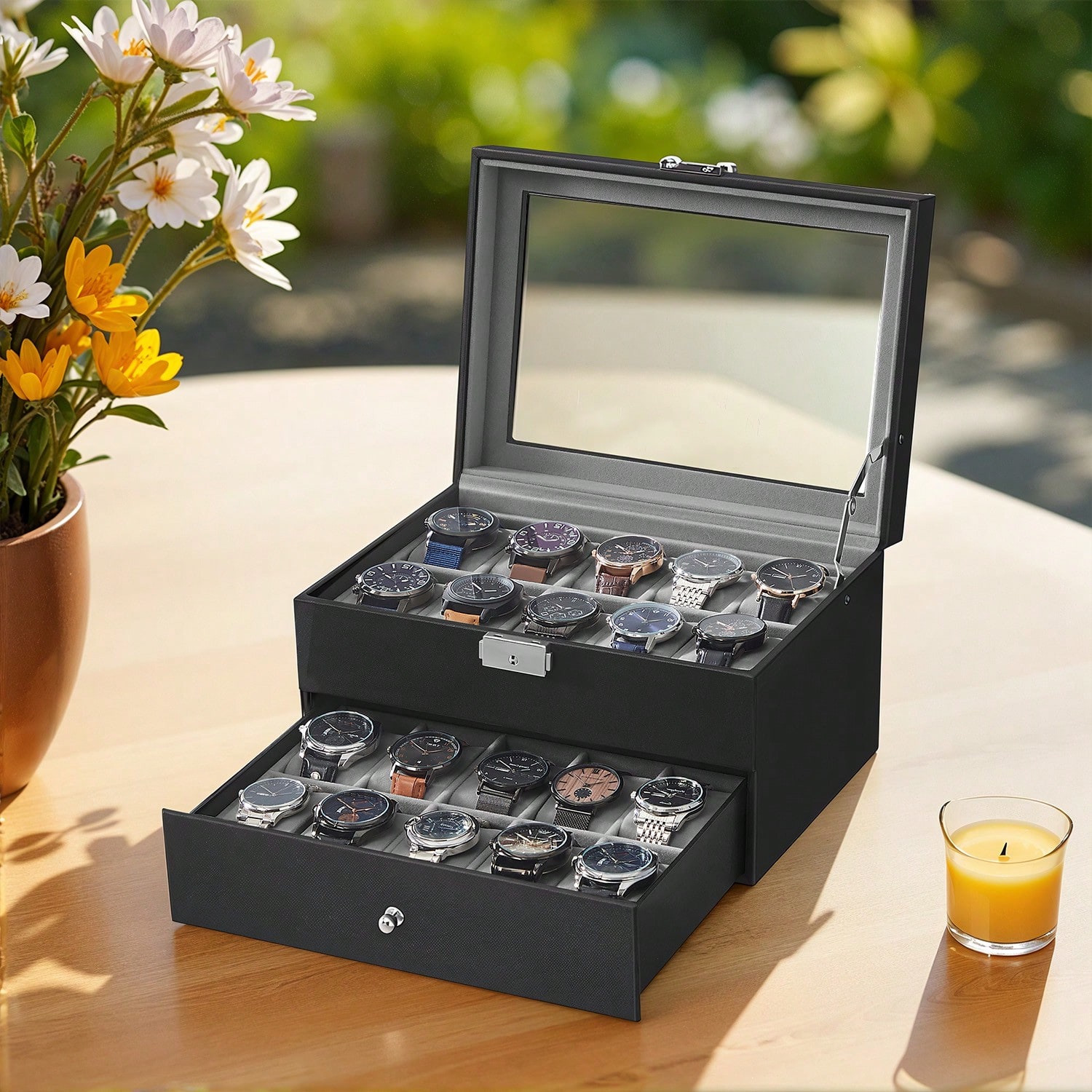 Watch Display Box - 20-Slot Watch Box with Glass Lid