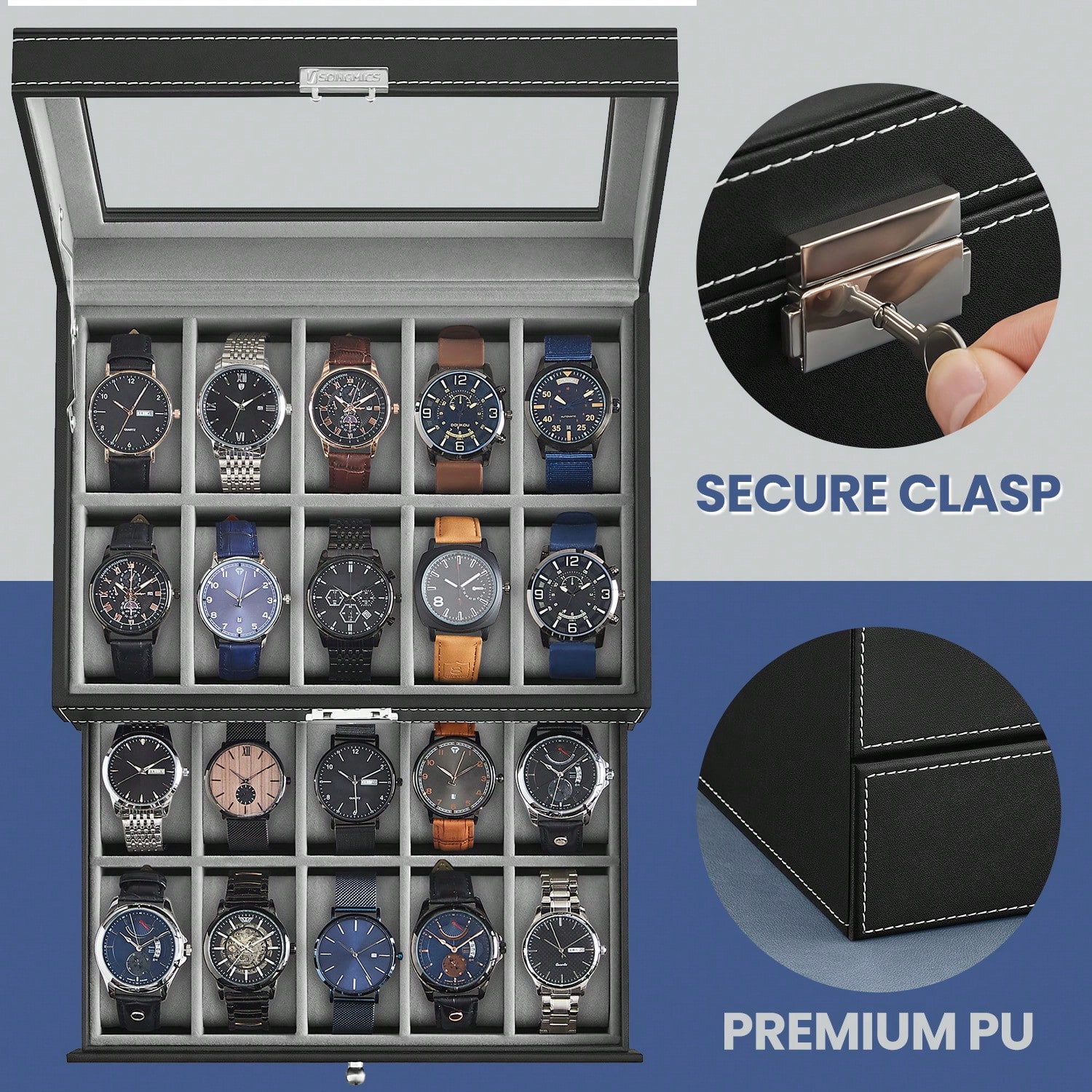 20-Slot Watch Box with Glass L - Watch Display Box recension och pris